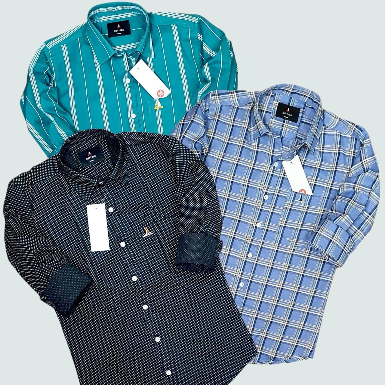 Cotton Checkered/ Solid/ Stripes Full Sleeves Mens shirt  (Pack Of 3 )