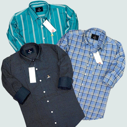 Cotton Checkered/ Solid/ Stripes Full Sleeves Mens shirt  (Pack Of 3 )