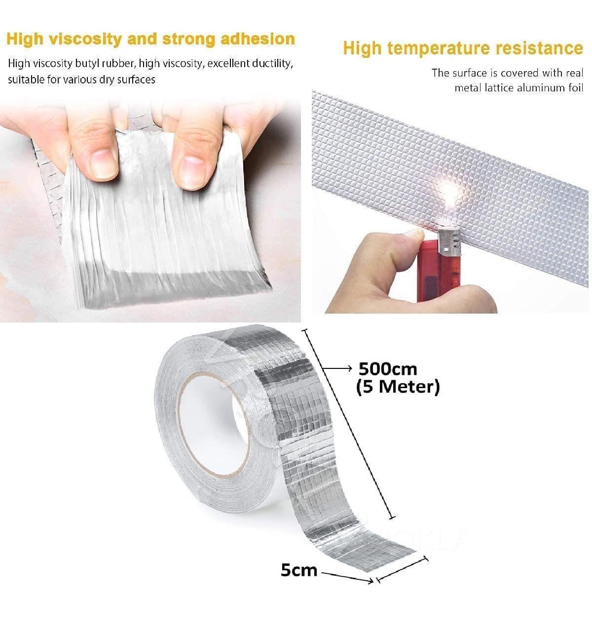 Leakage Repair Waterproof Tape For Pipe Leakage Roof Water Tape Leakage Solution Aluminium Foil Tape Waterproof Adhesive Tape Sealing Butyl Rubber Tape Surface Crack, Pipe Rupture (5cmx5m,silver)