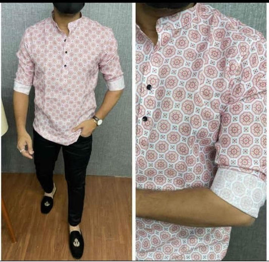 Cotton Printed Full Sleeves Mens Short Kurtas