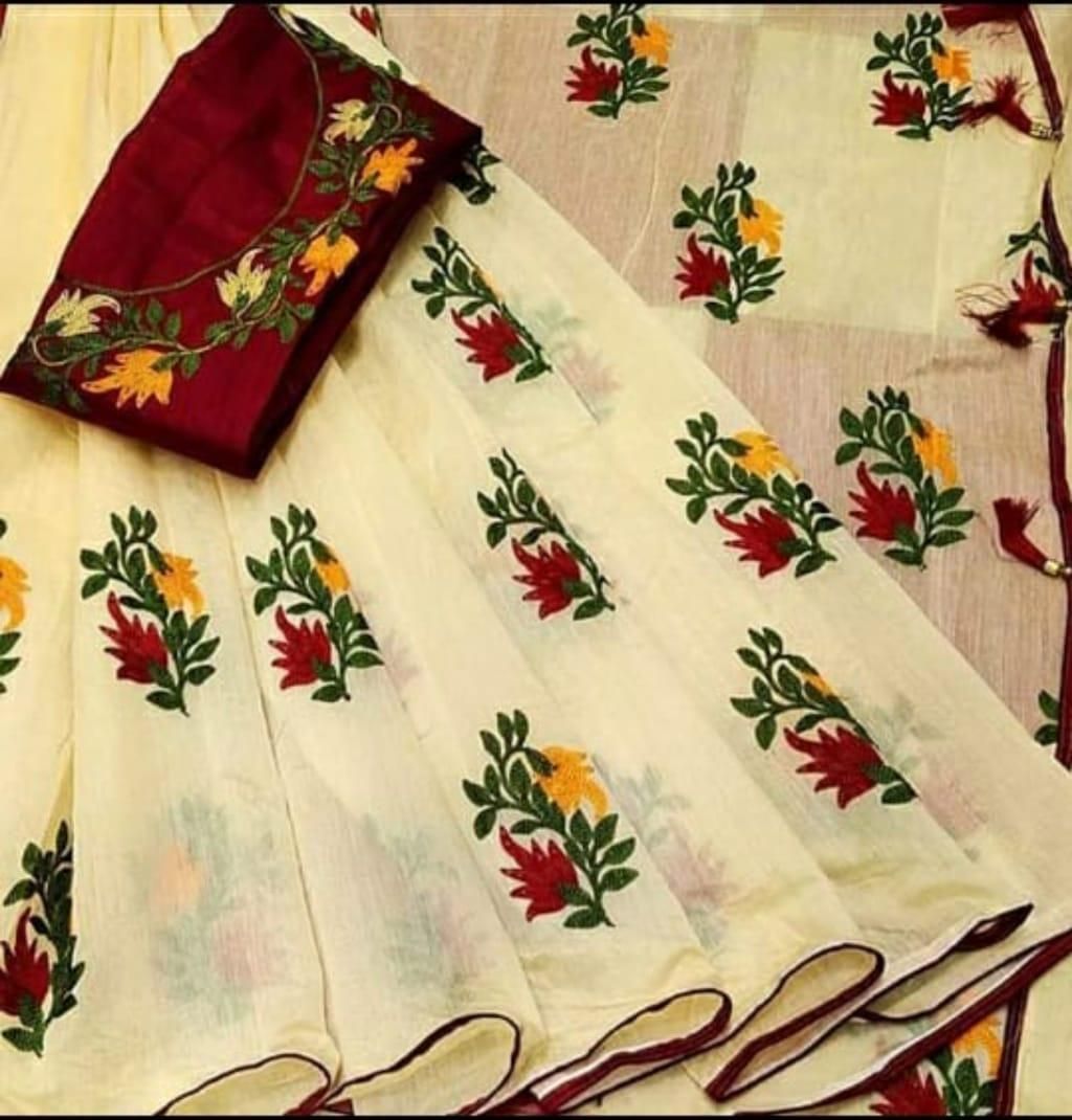 Latest Solid Chanderi Cotton Sarees With Embroidered Work & Tassels