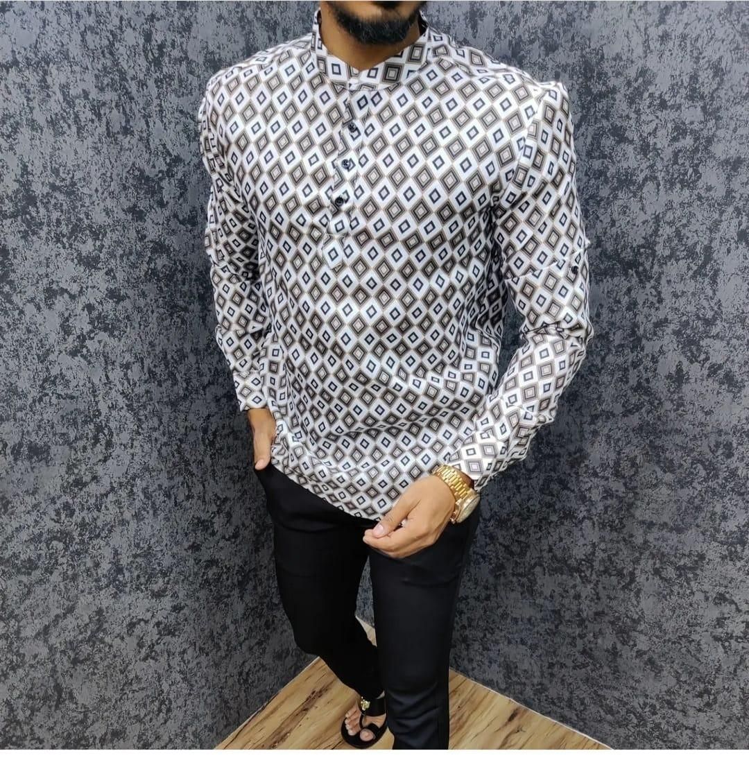 Cotton Printed Full Sleeves Mens Short Kurtas