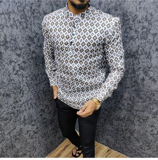 Cotton Printed Full Sleeves Mens Short Kurtas