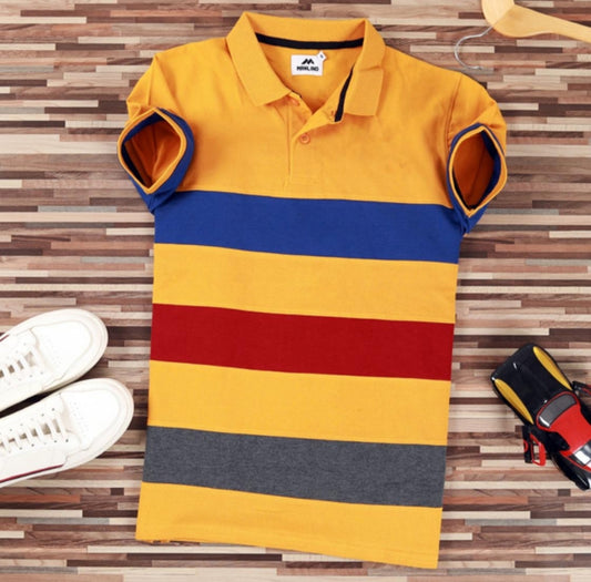 cotton stripes half sleeve polo neck men's tshirt